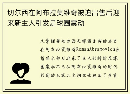 切尔西在阿布拉莫维奇被迫出售后迎来新主人引发足球圈震动